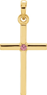 14K Gold Round Natural Pink Tourmaline Birthstone Cross Pendant - Yellow Gold