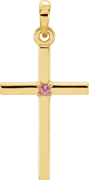 14K Gold Round Natural Pink Tourmaline Birthstone Cross Pendant - Yellow Gold