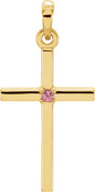 14K Gold Round Natural Pink Tourmaline Birthstone Cross Pendant - Yellow Gold