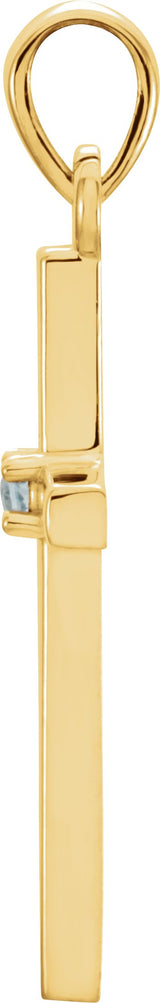 14K Gold Round Natural Blue Zircon Birthstone Cross Pendant - Yellow Gold - view 2