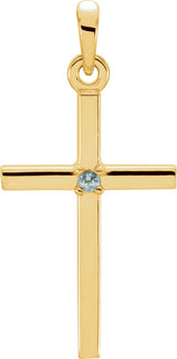 14K Gold Round Natural Blue Zircon Birthstone Cross Pendant - Yellow Gold