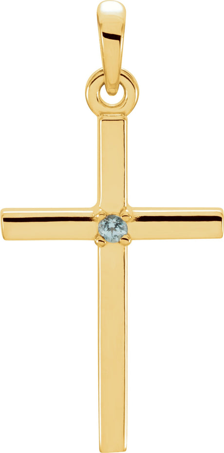 14K Gold Round Natural Blue Zircon Birthstone Cross Pendant - Yellow Gold
