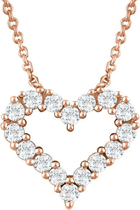 14K Gold Round Natural Diamond Heart Necklace - Rose Gold