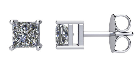14K Gold Natural Diamond Square 4-Prong Stud Earrings - White Gold