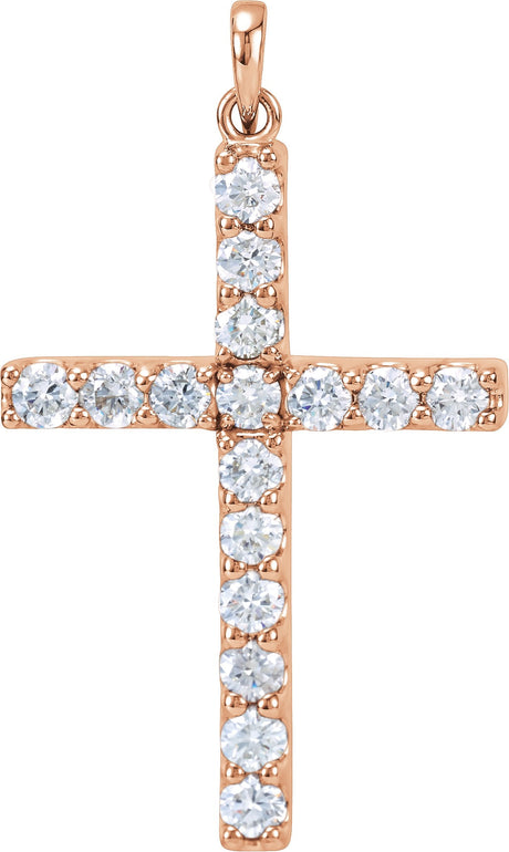 14K Gold Round Natural Diamond Accented Cross Necklace or Pendant - Rose Gold