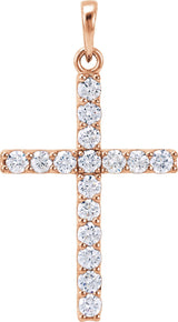 14K Gold Round Natural Diamond Accented Cross Necklace or Pendant - Rose Gold