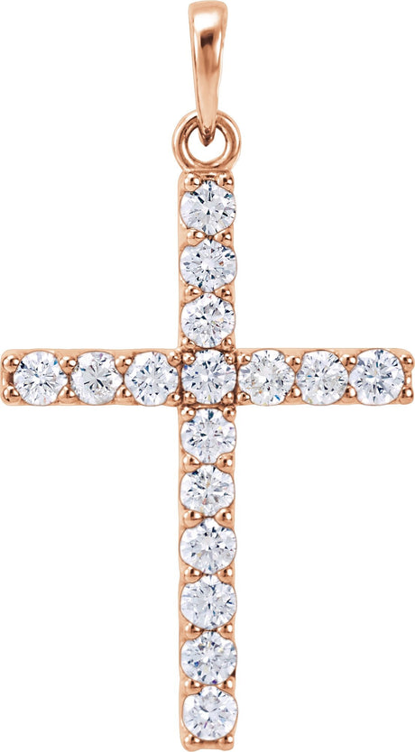 14K Gold Round Natural Diamond Accented Cross Necklace or Pendant - Rose Gold