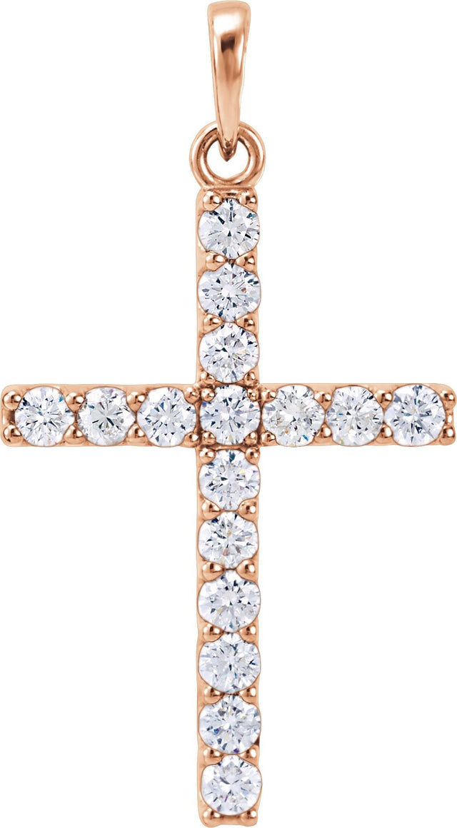14K Gold Round Natural Diamond Accented Cross Necklace or Pendant - Rose Gold