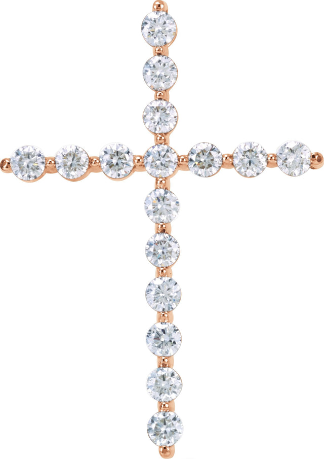 14K Gold Round Natural Diamond Cross Necklace or Pendant – up to 1 1/4 CTW - Rose Gold