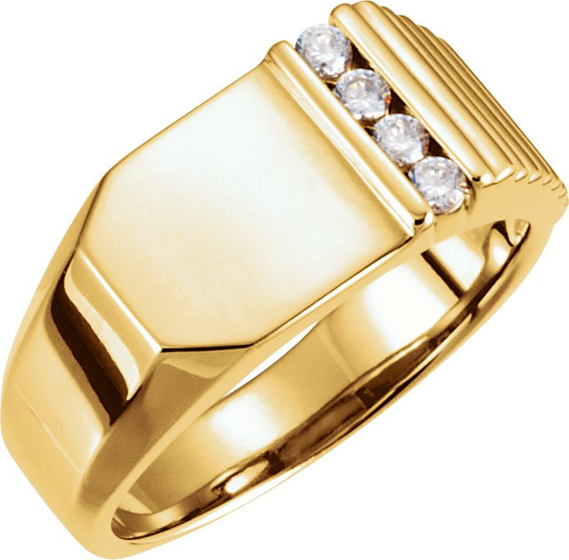 14K Gold Round Natural Diamond Geometric Signet Ring - Yellow Gold