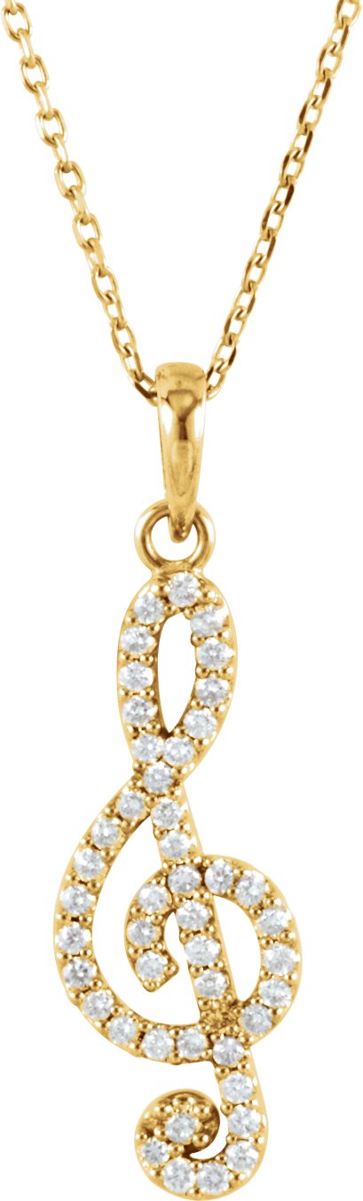 14K Gold Round Natural Diamond Petite Treble Clef Necklace or Pendant - Yellow Gold