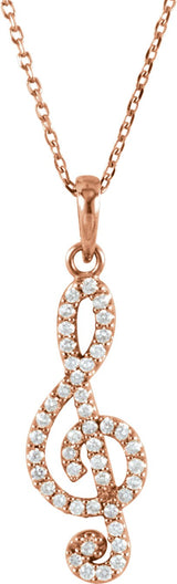 14K Gold Round Natural Diamond Petite Treble Clef Necklace or Pendant - Rose Gold