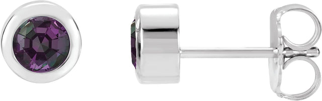 14K Gold Lab-Grown Alexandrite Round Bezel-Set Birthstone Stud Earrings - White Gold
