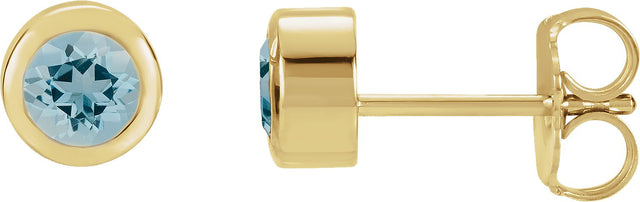 14K Gold Natural Aquamarine Round Bezel-Set Birthstone Stud Earrings - Yellow Gold