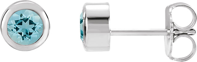 14K Gold Natural Aquamarine Round Bezel-Set Birthstone Stud Earrings - White Gold