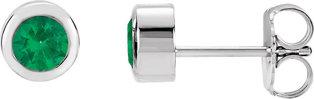 14K Gold Lab-Grown Emerald Round Bezel-Set Birthstone Stud Earrings - White Gold