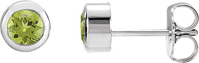 Platinum Natural Peridot Round Bezel-Set Birthstone Stud Earrings