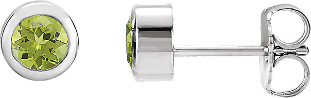 Platinum Natural Peridot Round Bezel-Set Birthstone Stud Earrings