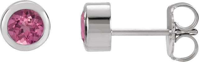 Platinum Natural Pink Tourmaline Round Bezel-Set Birthstone Stud Earrings