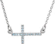 14K Gold Round Natural Aquamarine Sideways Cross Necklace - White Gold
