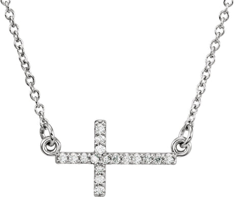 14K Gold Round Natural Diamond Sideways Cross Necklace - White Gold
