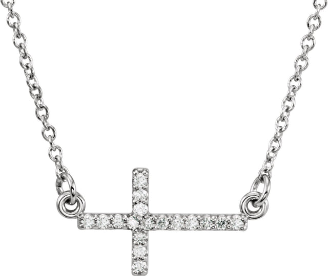 14K Gold Round Natural Diamond Sideways Cross Necklace - White Gold