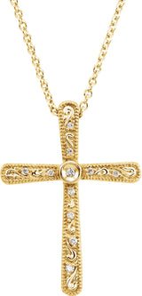 14K Gold Round Natural Diamond Cross Necklace II - Yellow Gold