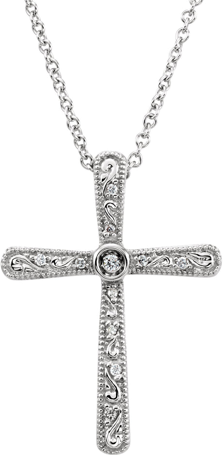 14K Gold Round Natural Diamond Cross Necklace II - White Gold