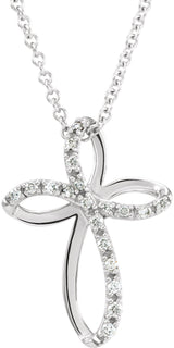 14K Gold Round Natural Diamond Cross Necklace - White Gold