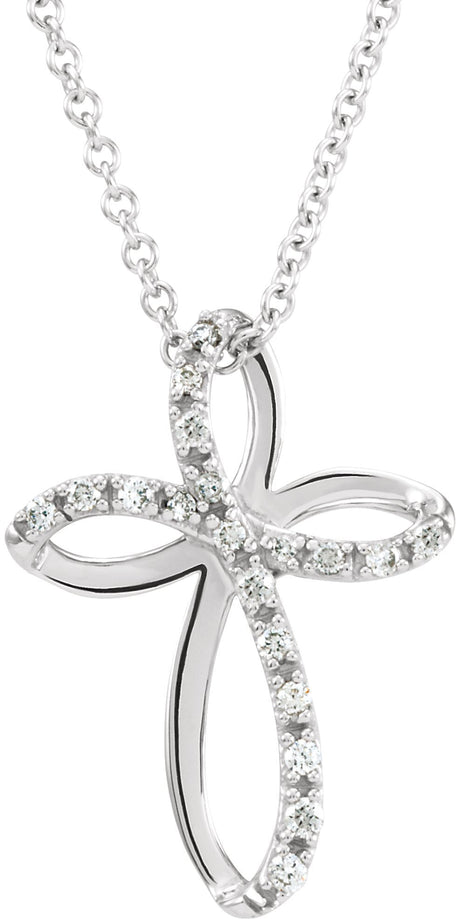 14K Gold Round Natural Diamond Cross Necklace - White Gold