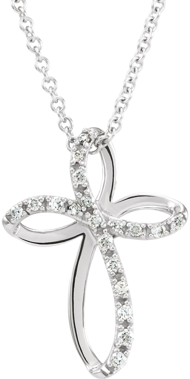 14K Gold Round Natural Diamond Cross Necklace - White Gold