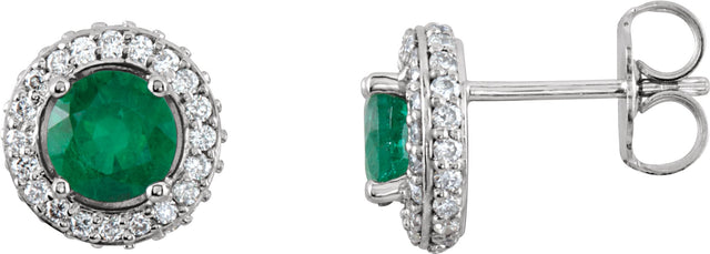 14K Gold Natural Emerald Round 4-Prong Halo-Style Earrings – 4.5mm Stones