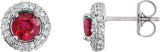 Platinum Natural Ruby Round 4-Prong Halo-Style Earrings – 4.5mm Stones