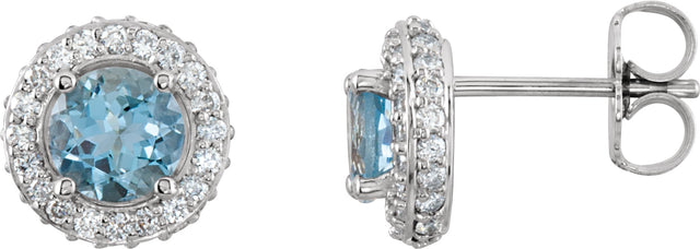 14K Gold Natural Aquamarine Round 4-Prong Halo-Style Earrings – 5mm Stones