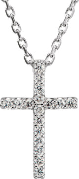 14K Gold Round Natural Diamond Petite Cross Necklace or Pendant – 0.06 CTW - White Gold