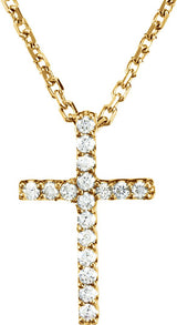 14K Gold Round Natural Diamond Petite Cross Necklace or Pendant – 0.06 CTW - Yellow Gold