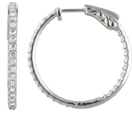 14K Gold Round Lab-Grown Diamond Inside-Outside Hoop Earrings - White Gold