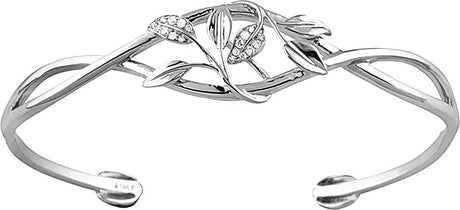 14K Gold Round Natural Diamond Accented Floral Cuff Bracelet