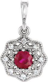 14K Gold Round Natural Ruby Halo-Style Pendant - White Gold