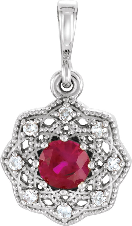 14K Gold Round Natural Ruby Halo-Style Pendant - White Gold