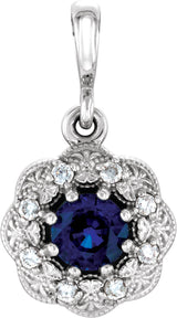 14K Gold Round Natural Blue Sapphire Halo-Style Pendant – 0.06 CTW - White Gold