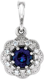 14K Gold Round Natural Blue Sapphire Halo-Style Pendant – 0.06 CTW - White Gold