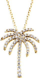 14K Gold Round Natural Diamond Palm Tree Necklace - Yellow Gold