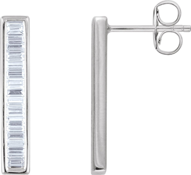 14K Gold Natural Diamond Baguette Bar Earrings - White Gold