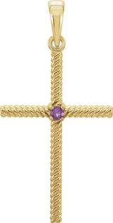 14K Gold Round Natural Amethyst Rope Cross Pendant - Yellow Gold