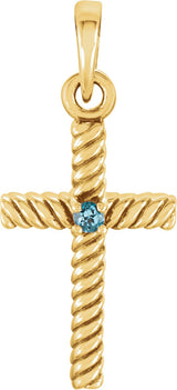 14K Gold Round Natural Swiss Blue Sapphire Rope Cross Pendant