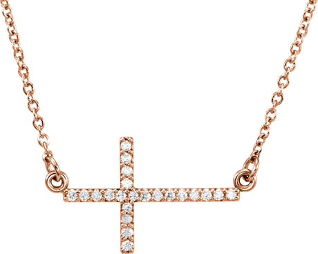 14K Gold Round Lab-Grown Diamond Sideways Cross Necklace - Rose Gold