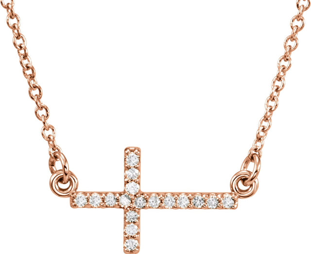 14K Gold Round Natural Diamond Sideways Cross Necklace - Rose Gold