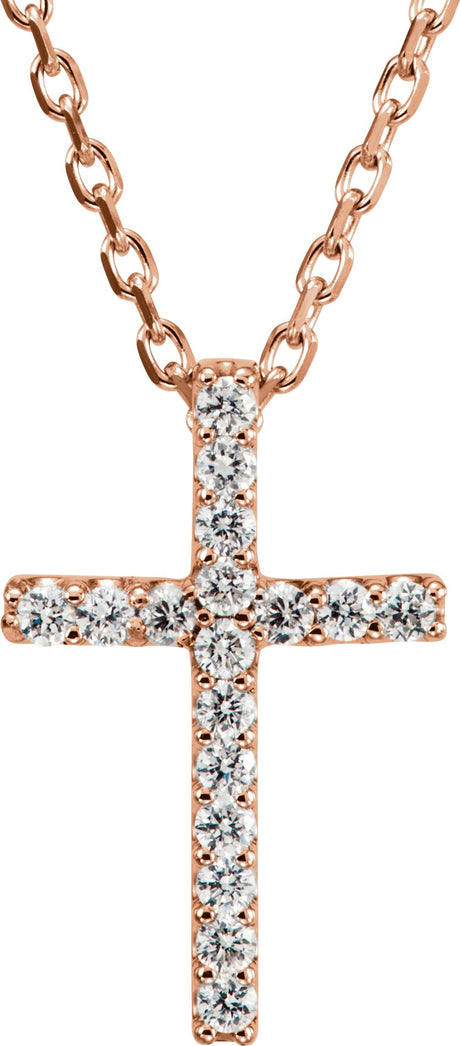 14K Gold Round Natural Diamond Petite Cross Necklace or Pendant – 0.06 CTW - Rose Gold