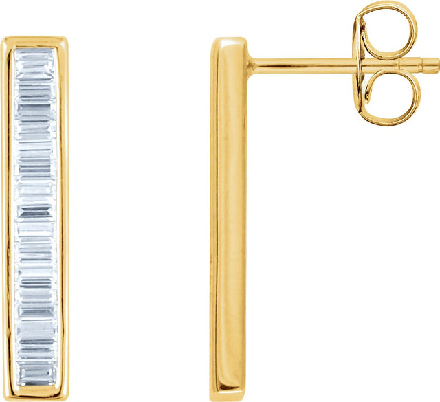 14K Gold Natural Diamond Baguette Bar Earrings - Yellow Gold